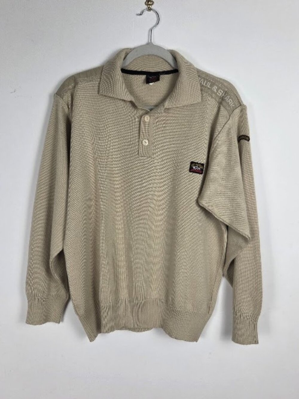 Vnt. Paul & Shark Long Sleeve Knit Polo Sweater, Beige Yachting, Mens M, Italy
